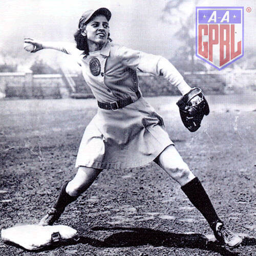 black and white photo of a woman in a baseball uniform with skirt throwing a ball, graphic of the All-American Girls Professional Baseball League in corner.